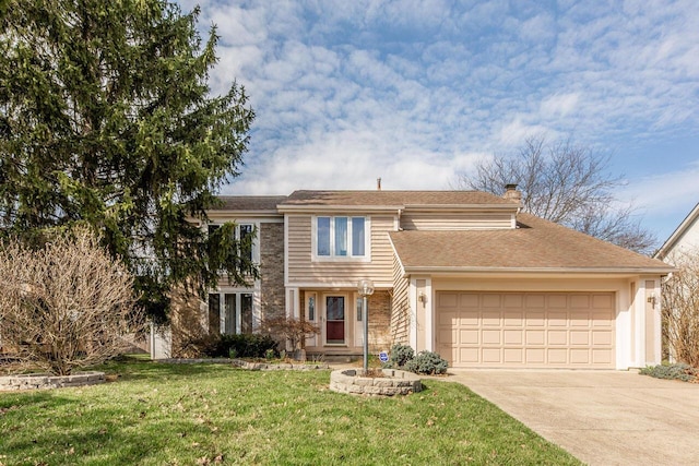traditional-style house featuring a chimney, concrete driveway, a garage, and a front lawn