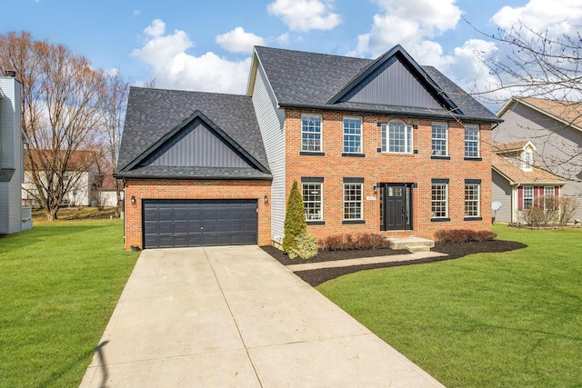 view of front facade with an attached garage, a shingled roof, concrete driveway, a front lawn, and board and batten siding