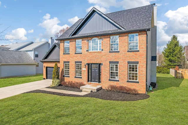 colonial inspired home with a front yard, brick siding, concrete driveway, a garage, and board and batten siding