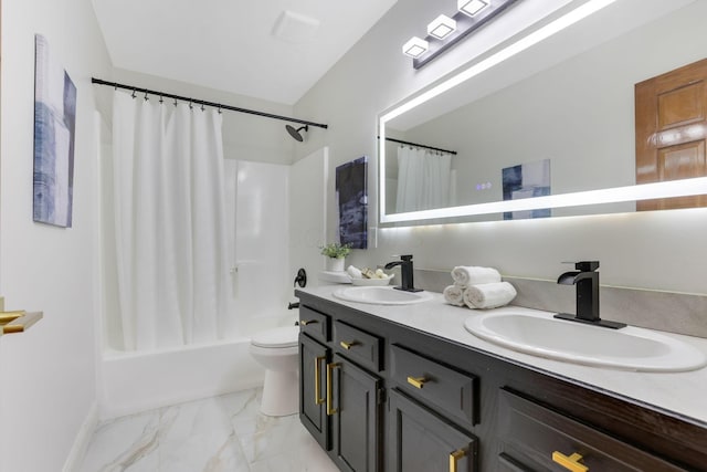 full bath featuring a sink, marble finish floor, double vanity, and shower / bath combination with curtain