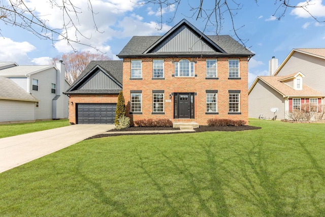 view of front of home featuring brick siding, board and batten siding, a front lawn, concrete driveway, and a garage