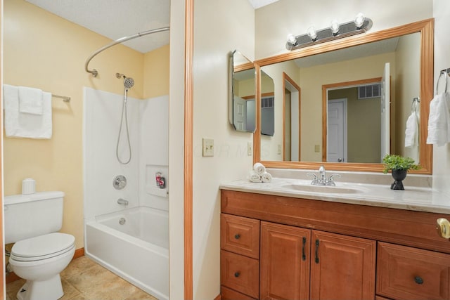 full bathroom with visible vents, toilet, shower / tub combination, tile patterned flooring, and vanity