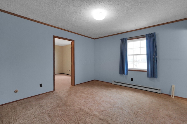 spare room with a textured ceiling, a baseboard heating unit, carpet flooring, baseboards, and ornamental molding