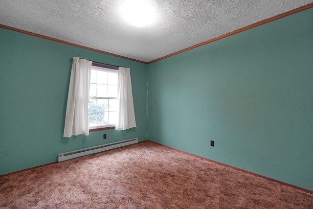 spare room featuring a baseboard heating unit, carpet flooring, and ornamental molding