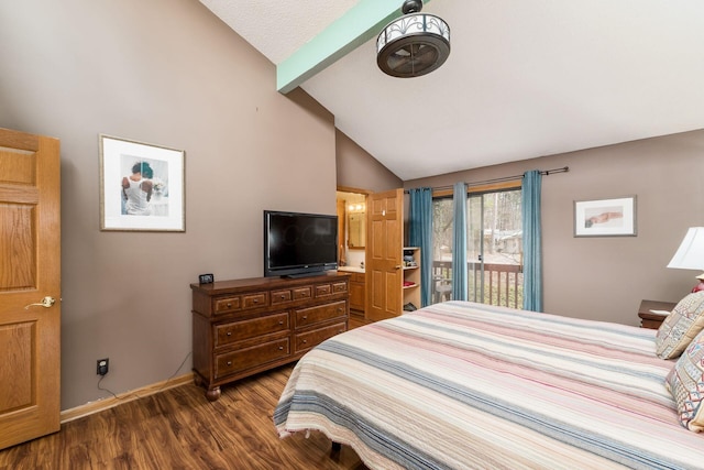 bedroom with baseboards, dark wood-style floors, vaulted ceiling with beams, and access to outside