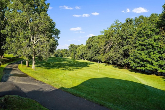 view of community with a yard and golf course view