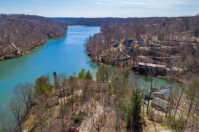 aerial view featuring a forest view and a water view