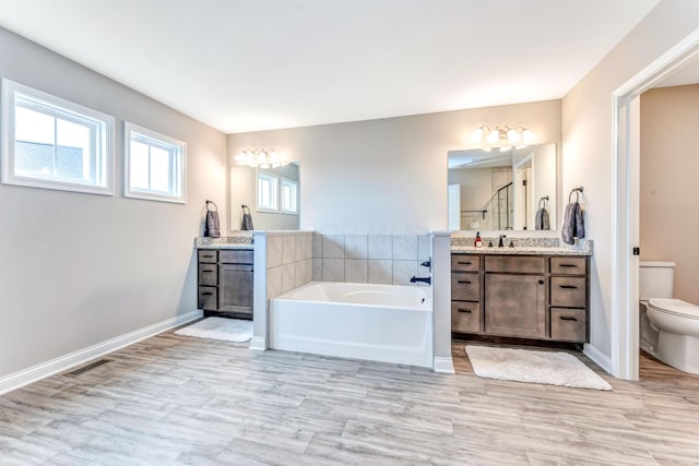 full bathroom featuring a shower stall, toilet, a garden tub, two vanities, and a sink