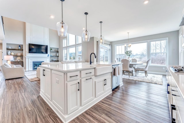 kitchen with dark wood finished floors, light countertops, and a sink