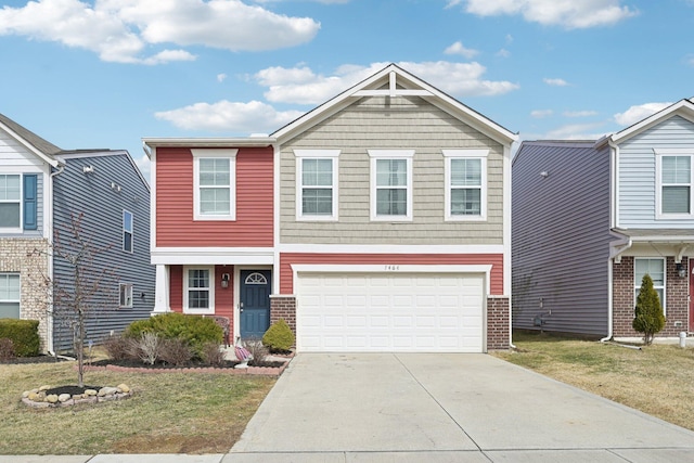 view of front of home featuring an attached garage, a front yard, concrete driveway, and brick siding