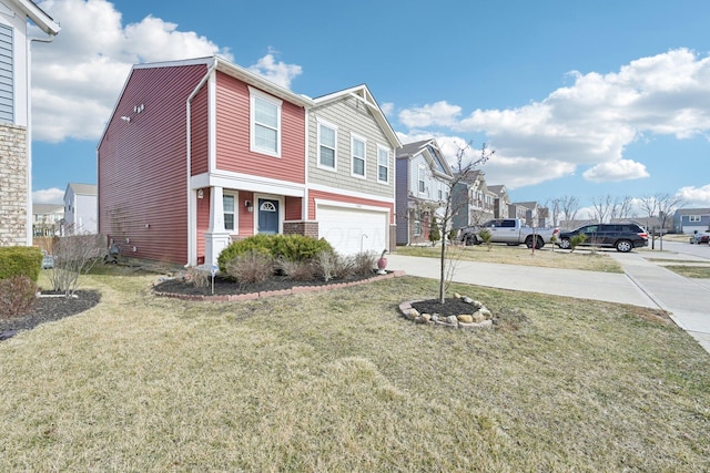 view of front facade featuring a garage, a residential view, driveway, and a front yard