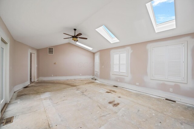 spare room with visible vents, ceiling fan, and lofted ceiling