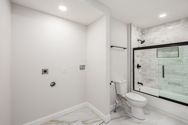 full bath featuring baseboards, toilet, recessed lighting, combined bath / shower with glass door, and marble finish floor