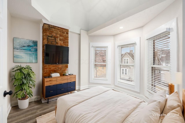 bedroom featuring multiple windows, wood finished floors, and baseboards