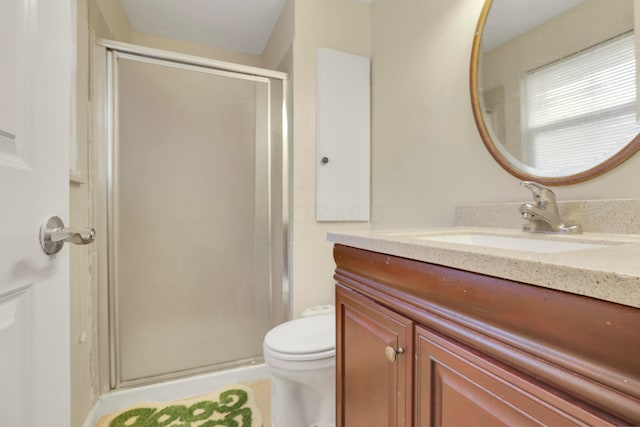 bathroom with toilet, a stall shower, and vanity