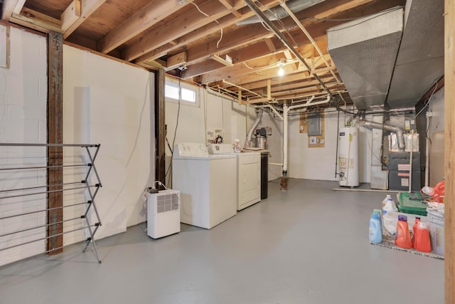 below grade area featuring electric panel, heating unit, water heater, and washing machine and clothes dryer