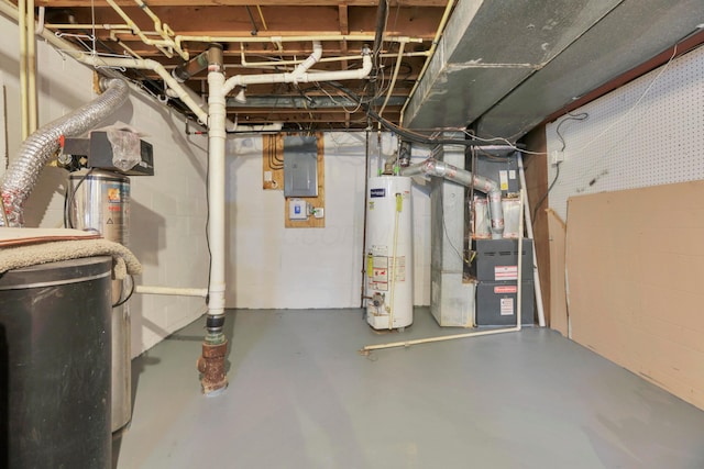 unfinished below grade area featuring electric panel, heating unit, concrete block wall, and water heater