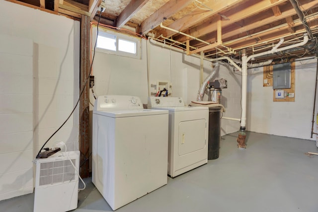 laundry room with electric panel, independent washer and dryer, and laundry area