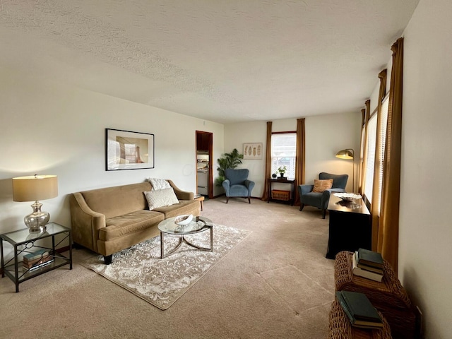 living area featuring a textured ceiling and carpet flooring