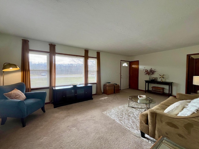 living room featuring light colored carpet and a textured ceiling