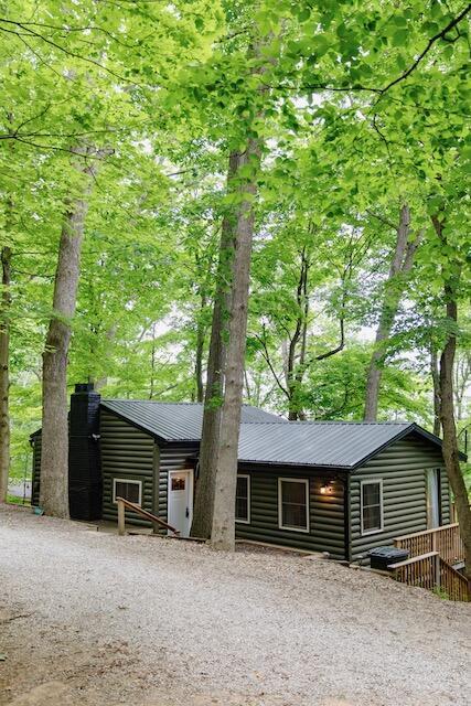 view of front of house featuring log veneer siding and a chimney