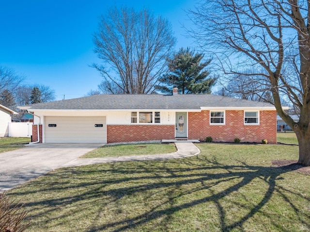 ranch-style house with driveway, a chimney, a front lawn, a garage, and brick siding