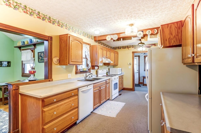 kitchen with under cabinet range hood, light countertops, white appliances, a textured ceiling, and a sink