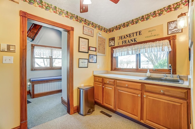 interior space featuring visible vents, a sink, a textured ceiling, baseboards, and ceiling fan