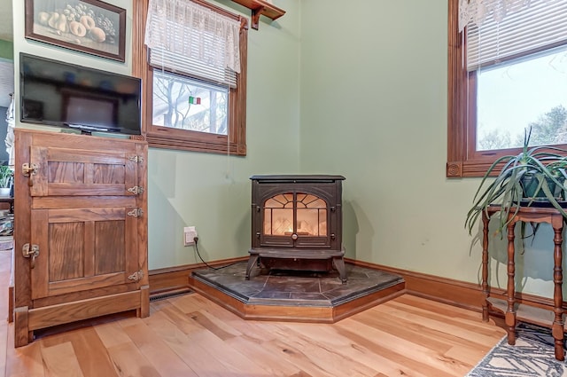 room details with a wood stove, wood finished floors, visible vents, and baseboards