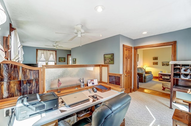 office area featuring recessed lighting and ceiling fan