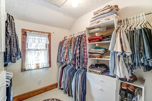 walk in closet with lofted ceiling, light carpet, and attic access