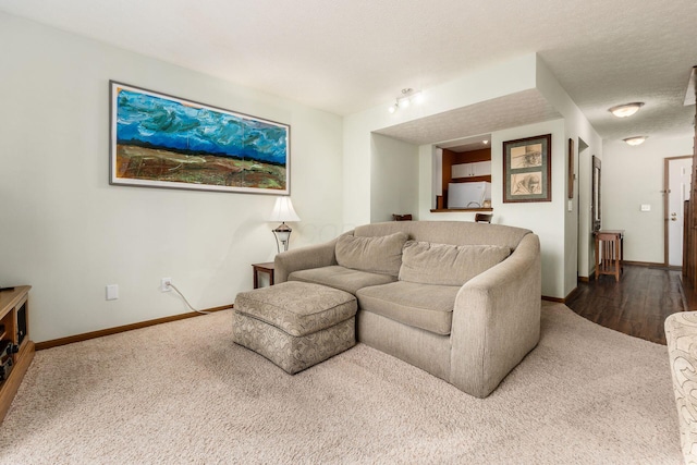 living room with carpet flooring, a textured ceiling, and baseboards