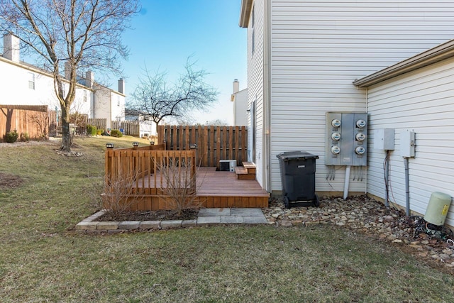 wooden deck featuring a yard and fence