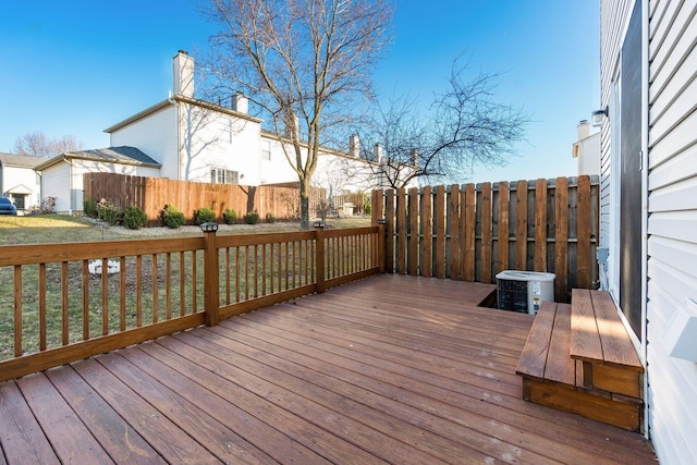 wooden terrace featuring central air condition unit and fence