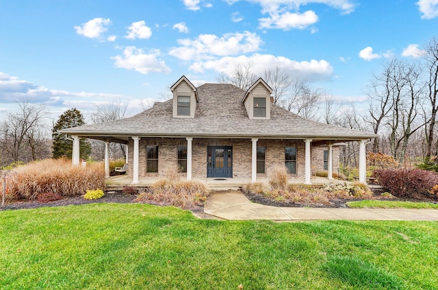 farmhouse inspired home featuring brick siding, covered porch, a front lawn, and roof with shingles