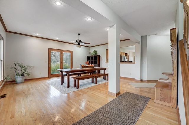 recreation room featuring visible vents, recessed lighting, baseboards, and light wood-style floors