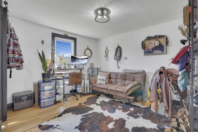 living room with a textured ceiling and wood finished floors