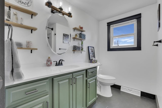 bathroom featuring vanity, baseboards, visible vents, concrete flooring, and toilet