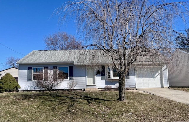 ranch-style home featuring an attached garage, driveway, a front lawn, and roof with shingles