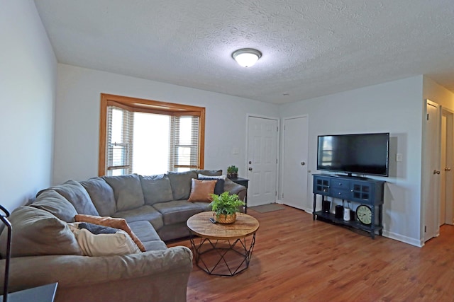 living room with a textured ceiling and wood finished floors