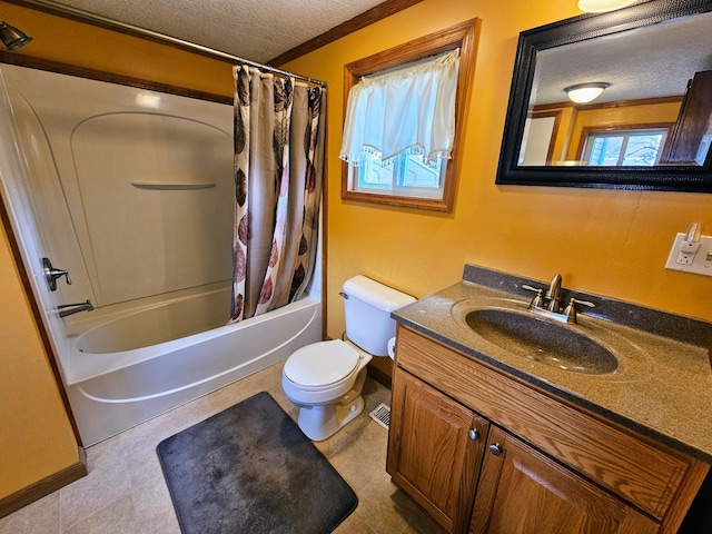 bathroom with toilet, vanity, ornamental molding, shower / tub combo, and a textured ceiling