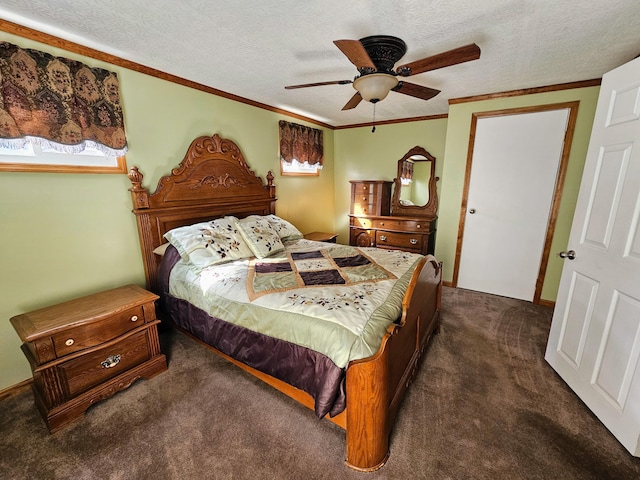 bedroom featuring dark carpet, a textured ceiling, crown molding, and a ceiling fan