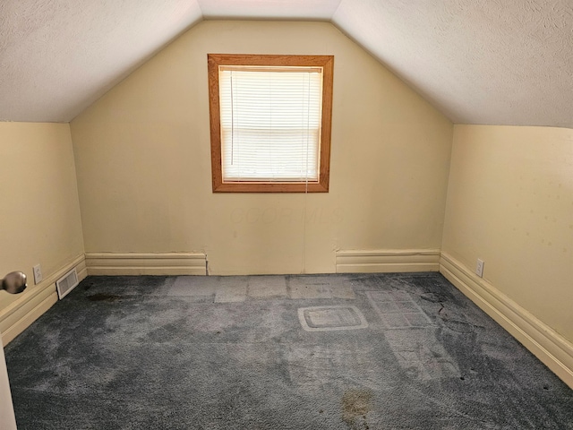 bonus room featuring visible vents, a textured ceiling, lofted ceiling, and carpet floors