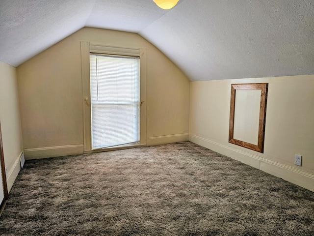 additional living space featuring vaulted ceiling, carpet flooring, baseboards, and a textured ceiling