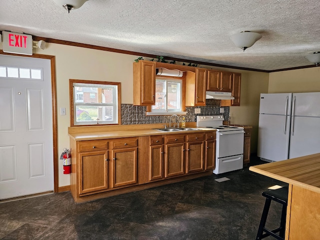 kitchen featuring white appliances, crown molding, under cabinet range hood, and a sink