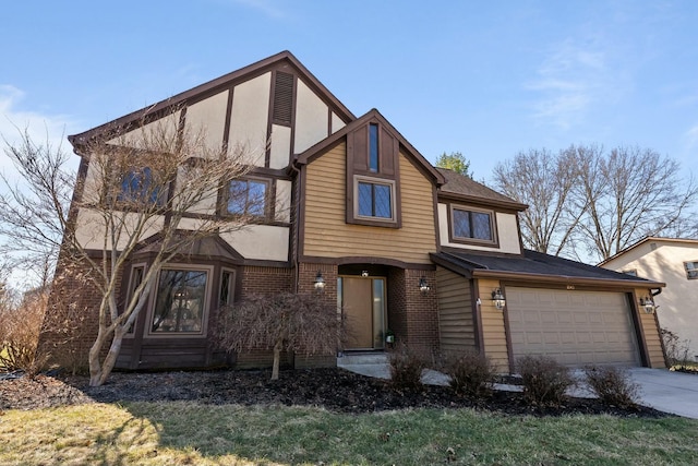 view of front of property with concrete driveway, an attached garage, and brick siding