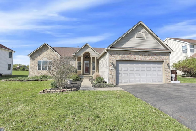 ranch-style house featuring driveway, a garage, a front lawn, and stone siding