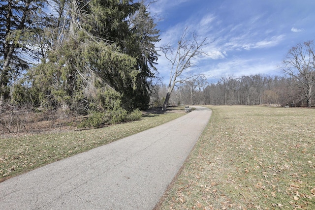 view of road featuring a wooded view