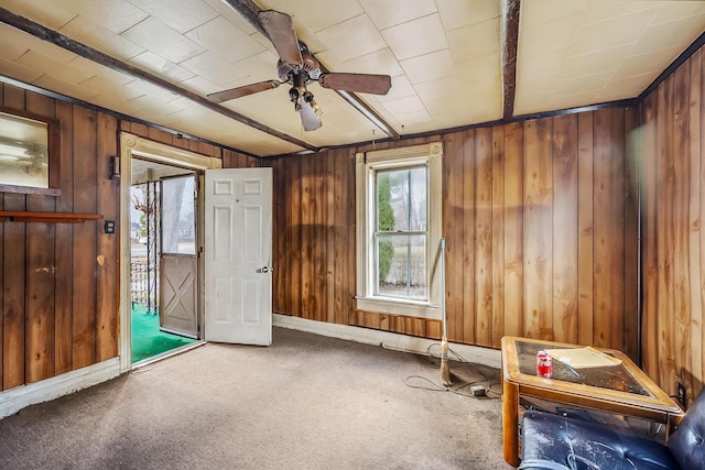 interior space featuring wood walls, a ceiling fan, and carpet