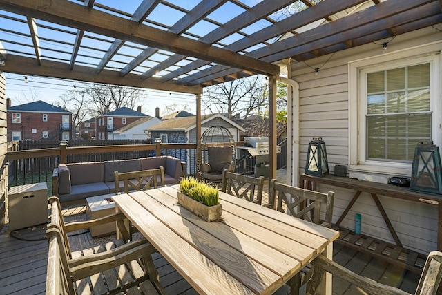 deck with an outdoor living space, outdoor dining area, a pergola, and a grill